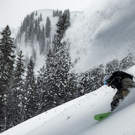 Un snowboarder en action dévale une pente de poudreuse fraîche, projetant de la neige devant une forêt de conifères et une montagne enneigée.