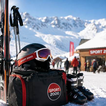 Équipement de ski (skis, casque, masque, chaussures) avec logos Sport 2000, posé sur la neige devant le magasin et des montagnes enneigées.