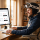 Un homme souriant en tenue de ski, casque et masque, regarde un écran d'ordinateur affichant un site de location de matériel de ski.
